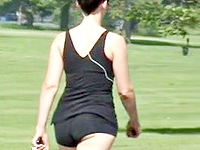 Strolling in the park early in the morning our hunter kept his camera turned on spying on babe in sport shorts doing her exercises